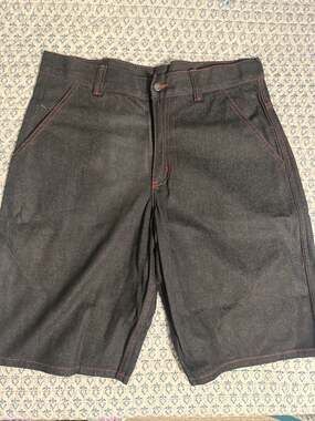 Vintage Stüssy Black Denim Shorts with Red Stitching and Back Logo Embroidery